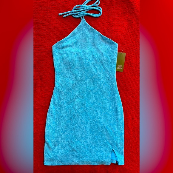 Wild Fable Knit Halter Top Stretchy Bright Blue small Side Slit Mini Dress SzXS - Picture 4 of 12